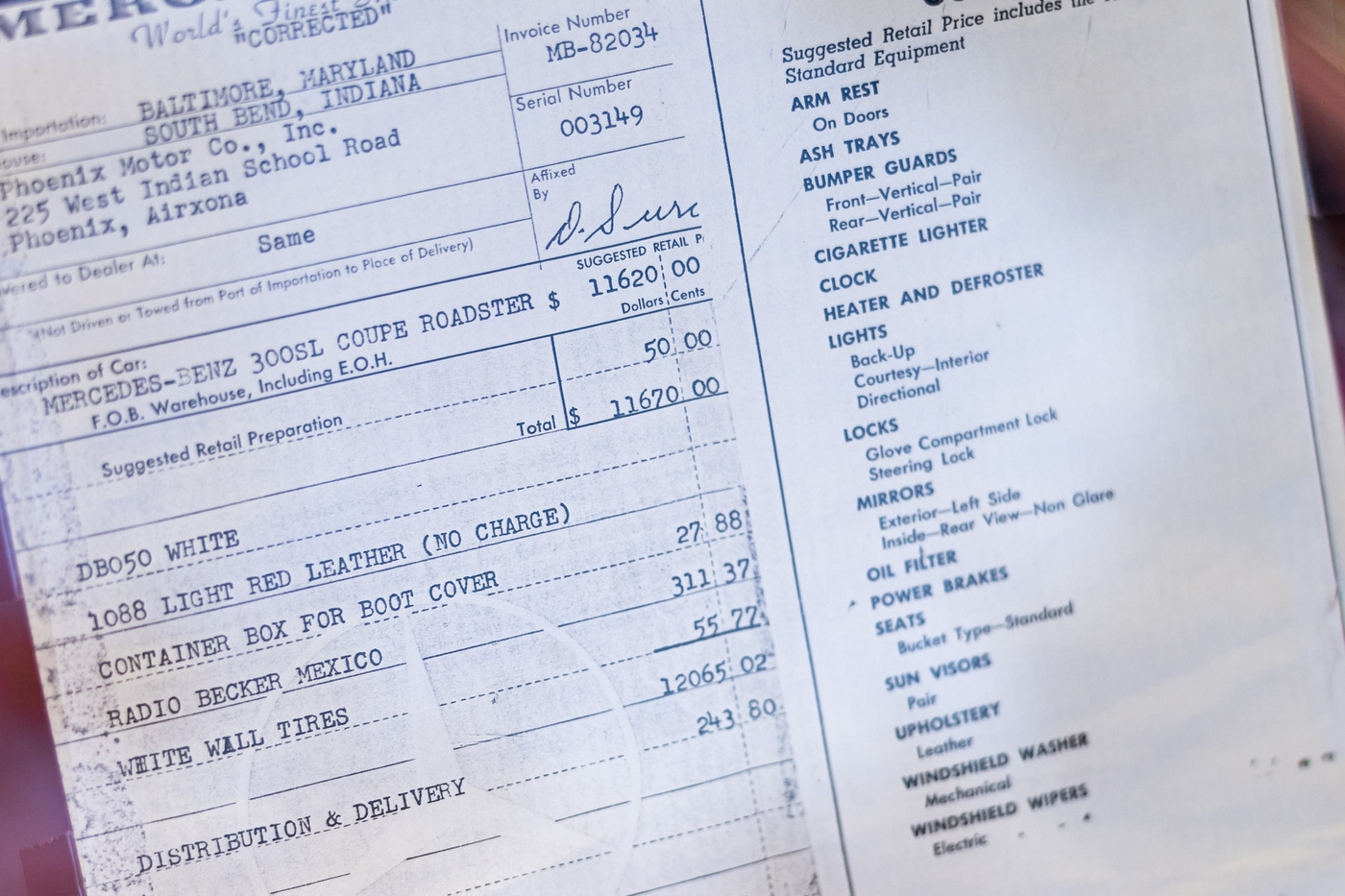 1963 Mercedes-Benz 300SL Roadster Dealer Invoice