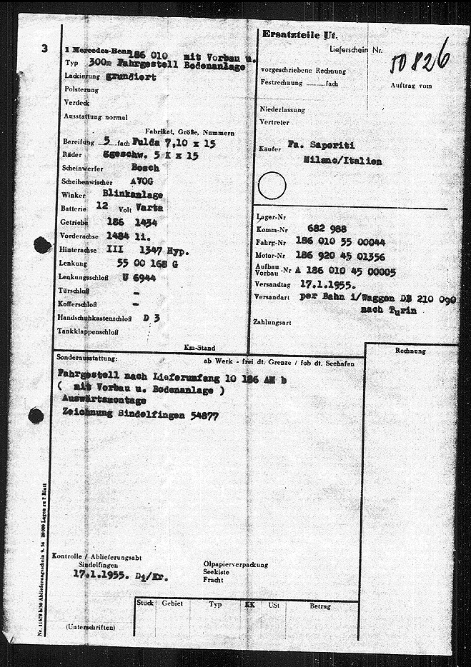 1955 Mercedes-Benz 300b Pininfarina Coupe - Delivery Sheet