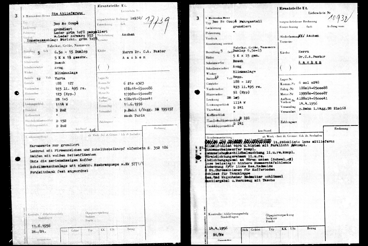 1956 Mercedes-Benz 300 Sc Pininfarina Coupe - Delivery Sheets